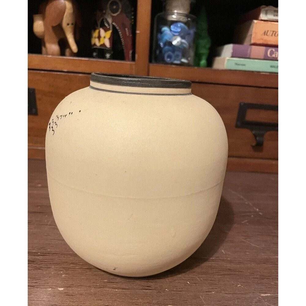 Vintage Japanese Bisque Pottery Hand Painted Pagoda Landscape Vase Ginger Jar 5”